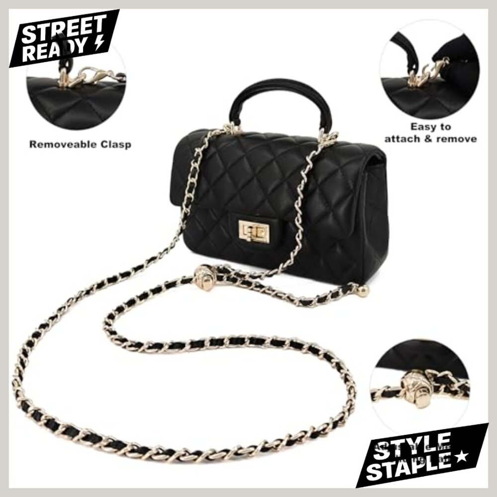 Small Quilted Leather Crossbody Bag with Gold Chain Strap & Top Handle - Picture 4 of 7